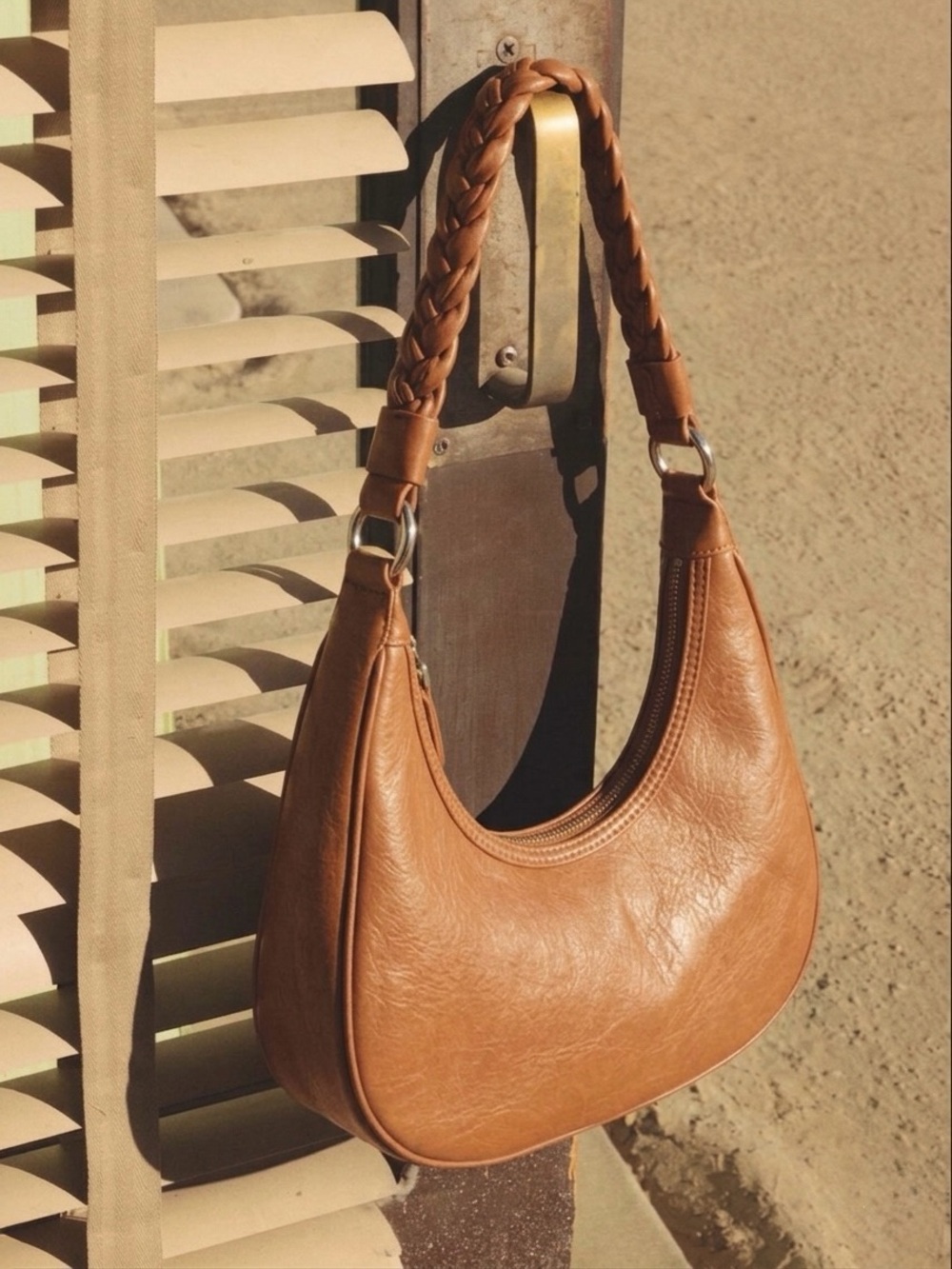 Chic Brown Crescent Faux Leather Shoulder Hand Bag / Hobo with Braided Strap